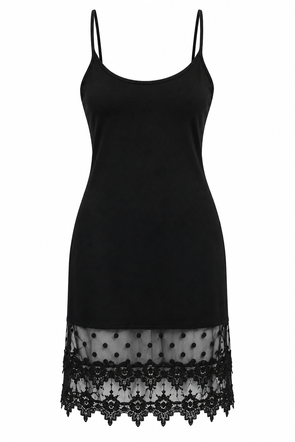 Trestles Clothing Company black cami slip dress extender with sheer polka dot mesh and scalloped lace hem